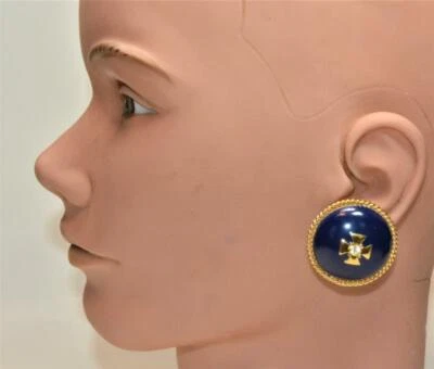 Signierte CINER Goldfarbene Blaue Emaille Klare Strass Runde Clip-On Ohrringe - Bild 1 von 4