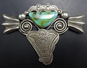 Huge ART TAFOYA Hand Stamped Sterling Silver ROYSTON TURQUOISE Pin/Pendant - Imagen 1 de 12