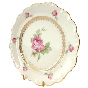 Schumann Bavaria US Zone Rosa Rose Teller Goldrand gewelltes Porzellan Vintage - Bild 1 von 4