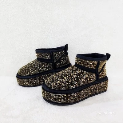 Botines de plataforma de invierno forrados de piel Ego Flashy fx negros con pedrería dorada Foto 1 de 4