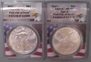 Both Type 1 & 2 2021 Silver American ANACS MS70 FDOI. #26 - Picture 1 of 7