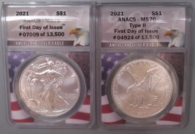 Both Type 1 & 2 2021 Silver American ANACS MS70 FDOI. #26 - Image 1 of 4