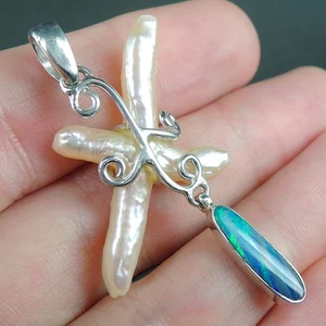 925 Sterling Silver Natural Doublet Opal & Biwa Pearl Pendant Jewellery, OP-06 - Picture 1 of 7