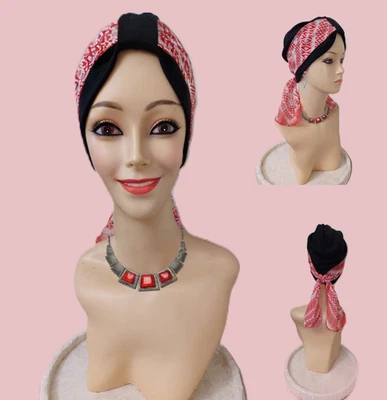 Black Chemo  Hat .Cotton Turban. with Fancy  Ciffon  Red/White  Band - Image 1 of 4