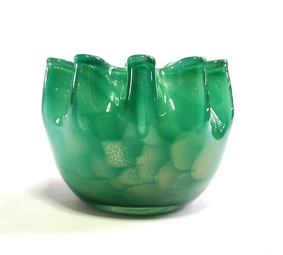 Vtg Art Glass Bowl Vase Ruffled Crimped Edge Seafoam Green Gold Shimmer 3" MCM - Image 1 of 4