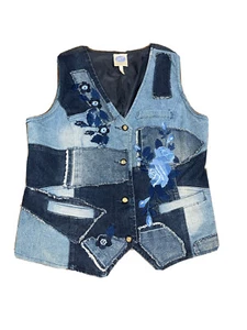 VTG Diane Gilman Denim Patchwork Embroidered Boho Western Vest Size XL - Picture 1 of 11