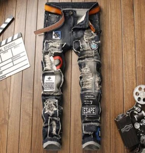 Mens Retro Blue Denim Jeans Ripped Holes Badge Decor Pants Punk Hip Hop Trousers - Picture 1 of 14