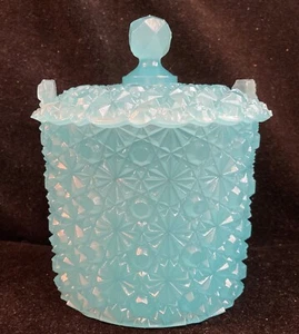 Vintage Fenton Pekin Blue Daisy and Button Candy or Ice Jar or Dish with Lid - Picture 1 of 13