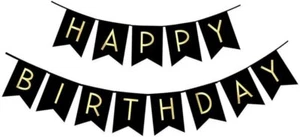 HAPPY BIRTHDAY BUNTING BANNER LETTER HANGING PARTY DECORATION Black Gold - Picture 1 of 22