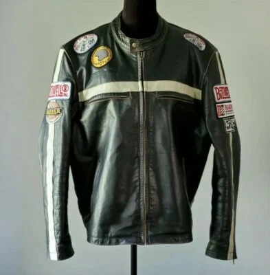 RIVER ROAD Hombre Rayas Cuero Motociclista Parche Chaqueta Talla 48 Foto 1 de 4