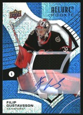 2021-22 Upper Deck Allure Jersey Autographs Blue Line #148 Filip Gustavsson/75