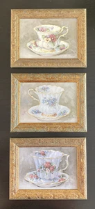 Set of 3 Vintage Barbara Mock Tea Cup Art Prints Framed 8.5x6.5” - Picture 1 of 9