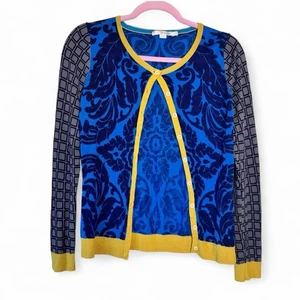 Boden maglione cardigan blu giallo paisley donna 6 preppy aderente classico autunno - Foto 1 di 11