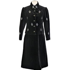 VTG LOUIS FERAUD Velvet Suit 80s Skirt Jacket Black Silver Embroidered 34 - Picture 1 of 17
