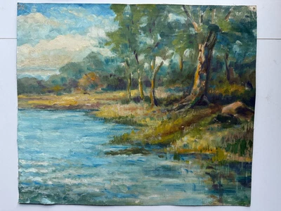 Óleo sobre tela do século 19 árvores em frente ao lago 13 x 15 atr E. F. Faber (americano) - Imagem 1 de 4