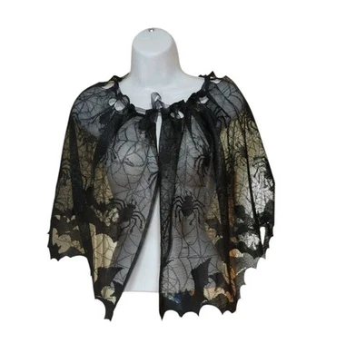 Black Lace Cape With Bats & Spiders Scalloped Edge Ribbon Tie Neck Halloween  - Image 1 of 4