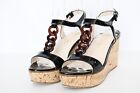 Prada Chain Link Patent Leather Wedge T-Strap Sandals Womens Sz 37 Cork Platform