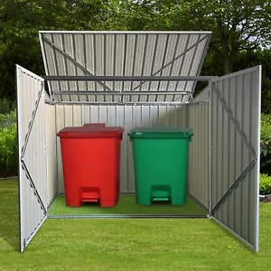 Metal Outdoor Garbage Bin Shed Stores 2 Trash Cans Ventilated and Lockable Grey - Picture 1 of 6
