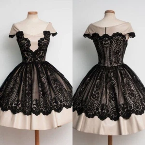 Gothic Evening Dress Short Dress Black Lace Appliques Square Neck Bridal Gowns - Picture 1 of 9
