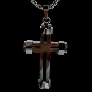 COLLANA UOMO DONNA CON CIONDOLO CROCE COLOR ARGENTO ACCIAIO STAINLESS STEEL 54CM - Foto 1 di 6