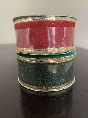 Lot 2 Christmas Ribbon Green Red Gold Glitter Wire Edge Sheer 1.5 x 6 yard - Image 1 of 4