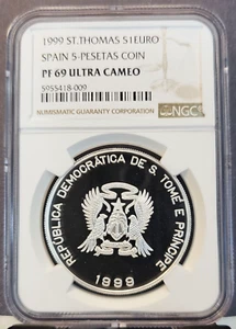 1999 ST THOMAS & PRINCE SILVER 1 EURO SPAIN 5 PESETAS NGC PF 69 ULTRA CAMEO TOP - Picture 1 of 3