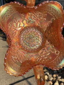 MARIGOLD FENTON POND LILY CARNIVAL GLASS BON BON BOWL WITH HANDLES VINTAGE - Picture 1 of 8