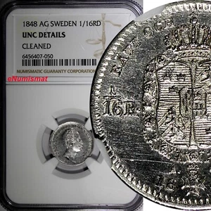 Schweden Oscar I Silber 1848 AG 1/16 Riksdaler NGC UNC DETAILS KM# 665 (050) - Bild 1 von 4