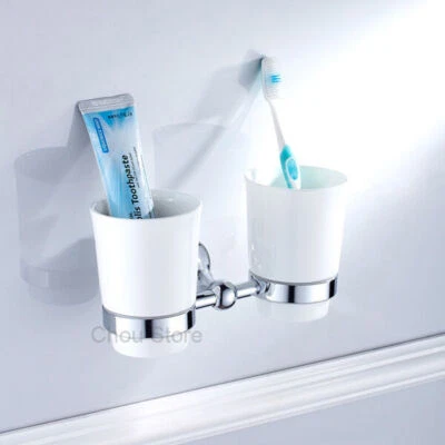 Wall Mounted Toothbrush Holder Set with Two Ceramic Cups Simple Design Chrome - Image 1 of 3
