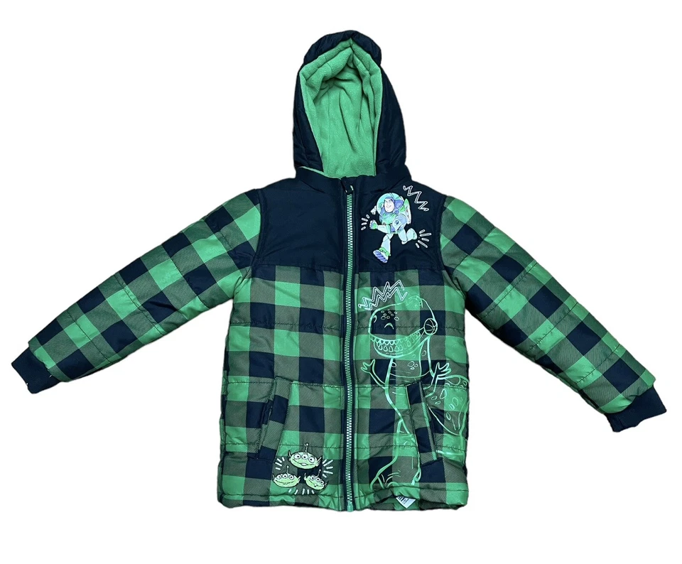 Chaqueta hinchada Toy Story para niños Disney Store talla 7/8 verde y negra a cuadros Buzz Woody Foto 1 de 4