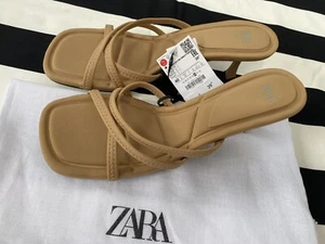 BNWT Zara Brown Square Toe Thong Slip On Sandals Mid Heel Summer Size 7/40 - Picture 1 of 4