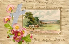 Cartolina d'epoca Post 1907 New York Pasqua Fiore Croce fattoria arte card - Foto 1 di 2