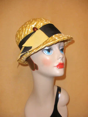Sombrero Fedora de Rafia Amarillo Tejido Muy Bonito con Borde de Grosgrain Negro y Amarillo Foto 1 de 4