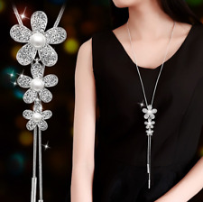 Jewelry Pearl Flower Long Tassel Women Necklace Crystal Chain Pendant Sweater