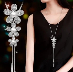 Jewelry Pearl Flower Long Tassel Women Necklace Crystal Chain Pendant Sweater - Picture 1 of 5