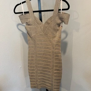 Guess Los Angeles Womens Gold Metallic Bodycon Stretch Bandage Dress Sz Small - Picture 1 of 6