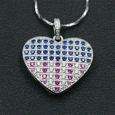 1Ct Round Cut Lab Created Blue Sapphire Heart Shape Pendant 14K White Gold Over - Image 1 of 4