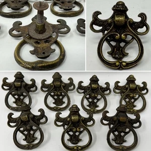 Brass DRAWER PULLS Drop Ring Bail HANDLES Ornate VICTORIAN Lot of 7 ANTIQUE VTG - Picture 1 of 17
