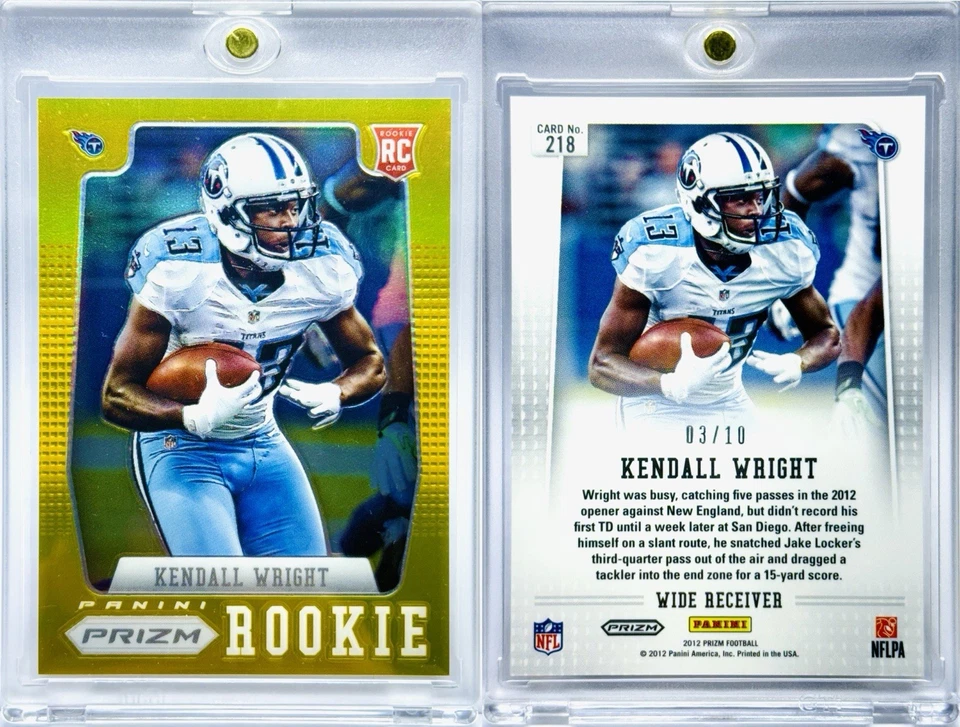 2012 Panini Prizm Kendall Wright /10 PRIZM GOLD #03/10 RC #218 Titans Rookie - Image 1 of 3