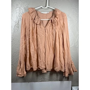 Zara Bell Sleeve Ruffle Collared Blouse Long Sleeves Modal Blend Pink Size Small - Picture 1 of 5