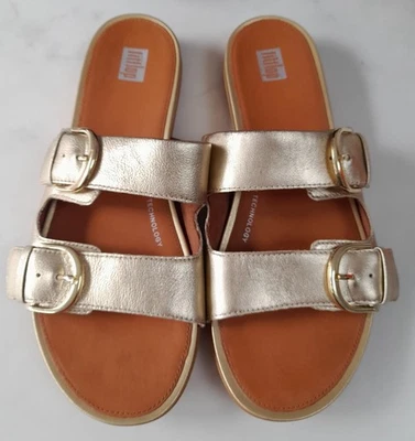 FITFLOP GRACIE METALLIC BUCKLE SLIDES SIZE 7/41 GOLD LEATHER SANDALS FREE P&P - Image 1 of 4