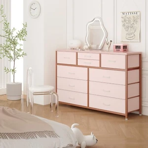 10 Drawer Dresser 55" TV Stand with Power Outlet Pink Chest of Drawers Storage - Picture 1 of 8