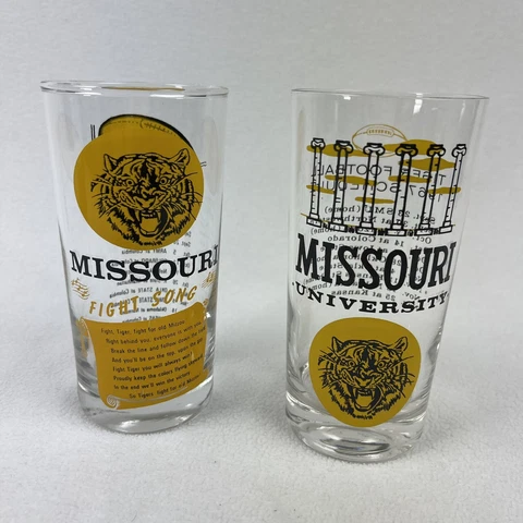 Vintage 60s Missouri Tigers Homecoming Tumbler Glass Set of (2) Cover