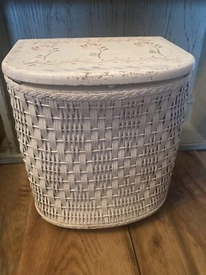 Vintage Child Doll Hamper  White Wicker w/ Stenciled Pastel Wood Lid - 12” Tall - Image 1 of 4