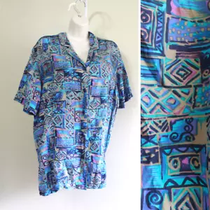 Anna and Frank Silk Shirt Womens XL Aloha Button S/Sleeve VTG 90s Geo Rustic - Picture 1 of 7