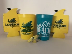 Landshark Lager 2 Cups,2 Shark Fin Koozies One Shark Fin Bottle Opener All New - Picture 1 of 9