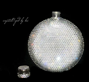 Custom Bling Flask AUSTRIAN CRYSTALS 5oz Circle Pocket Size Bedazzled Wedding - Picture 1 of 4