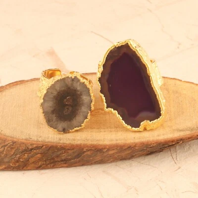 Настоящий агат ломтик солнечного кварца позолоченный большой группы регулируемые кольца лот 2 шт.  - Изображение 1 из 4