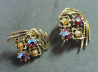 Vintage Coro Or Ton Ab Strass Rouge Pince Perle Boucles D'Oreilles CG 100