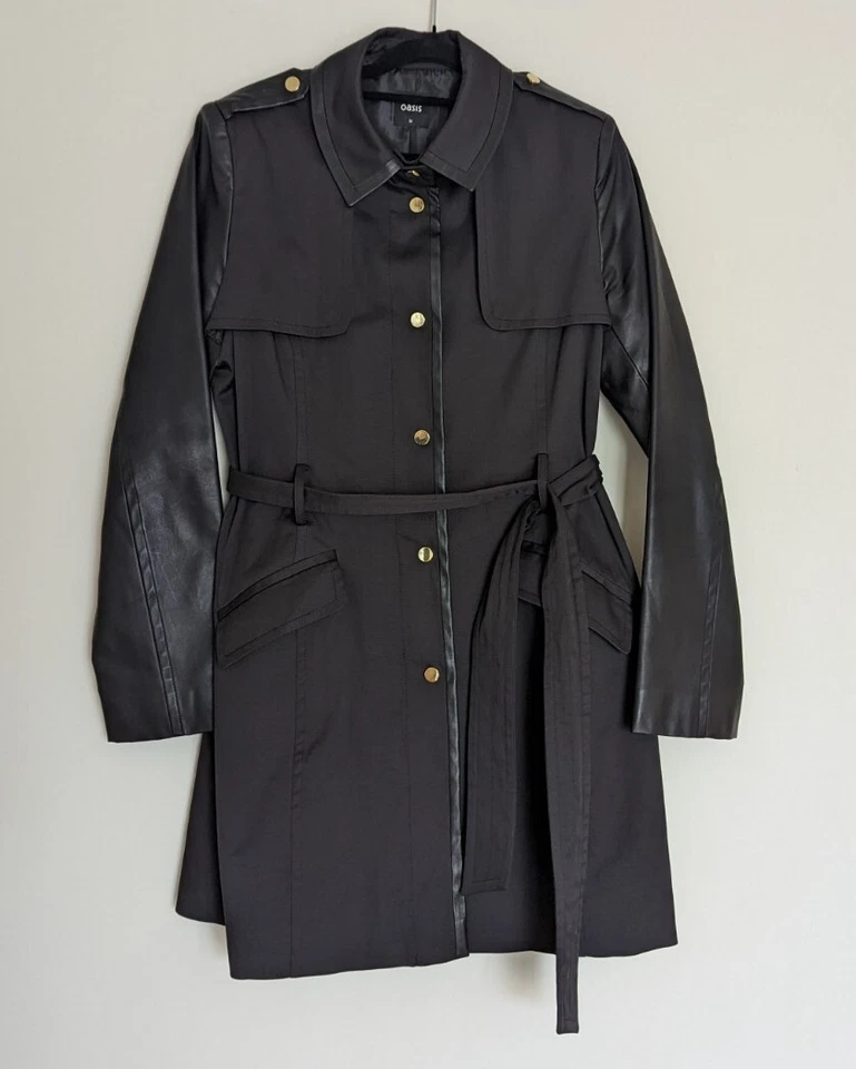 Trench coat feminino Oasis manga de couro sintético preto tamanho M/10 Reino Unido - Imagem 1 de 4